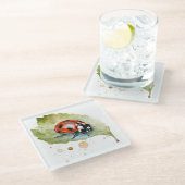 水色の葉に座っ鮮やかているテンジウムシ ガラスコースター (アングル)