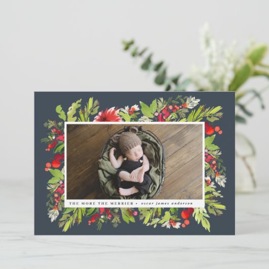 水色の葉のクリスマス誕生のお知らせ シーズンカード (スタンド正面)