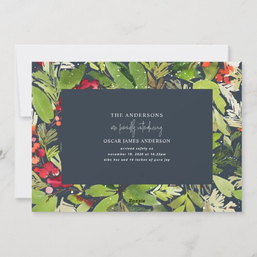 水色の葉のクリスマス誕生のお知らせ シーズンカード (裏面)