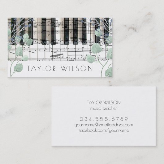 水色の葉デコーピアニスト音楽先生 名刺 (正面/裏面)