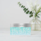 水色の虹色の輝く《写真》ぼけ味ブラシ付きシルバー 名刺 (スタンド正面)