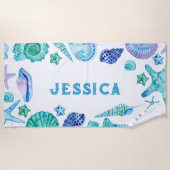 水色の貝殻とヒトデの名前サマー ビーチタオル (正面)