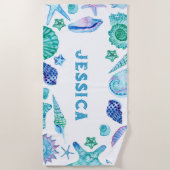 水色の貝殻とヒトデの名前サマー ビーチタオル (正面)