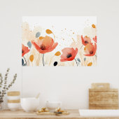 水色の赤いポピー絵を描ズ ポスター (キッチン)