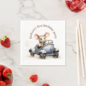 水色の車に乗ったウォータカラーのかわいいネズミの1歳の誕生日 スタンダードカクテルナプキン (インサイチュ)