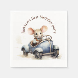 水色の車に乗ったウォータカラーのかわいいネズミの1歳の誕生日 スタンダードカクテルナプキン