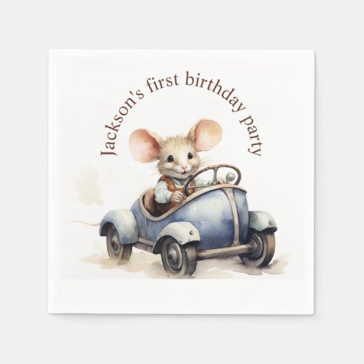 水色の車に乗ったウォータカラーのかわいいネズミの1歳の誕生日 スタンダードカクテルナプキン (正面)
