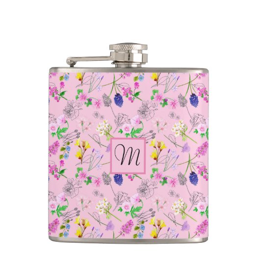 水色の野生の花、ピンク。モノグラマ。 フラスク (正面)