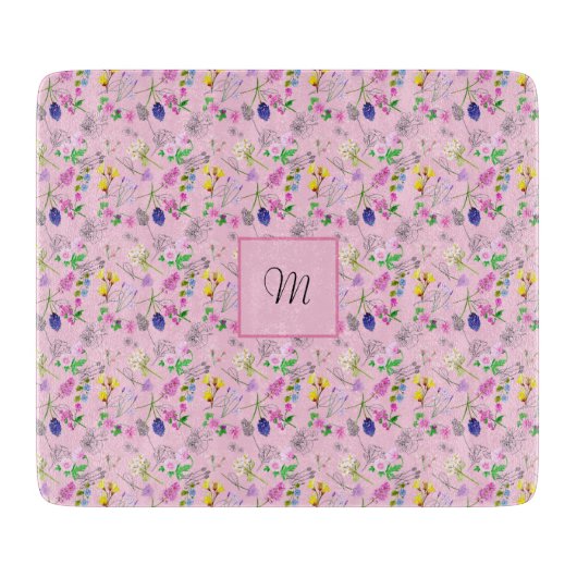 水色の野生の花、ピンク。モノグラム カッティングボード (正面)
