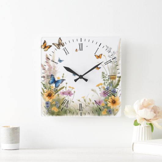 水色の野草や蝶 スクエア壁時計 (ホーム)