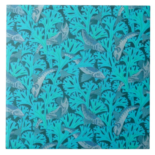 水色の青いアールヌーボー模様の魚と青 タイル (正面)
