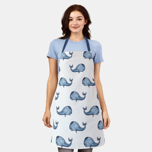 水色の青いクジラ模様。海航海の動物 エプロン (着用した状態)