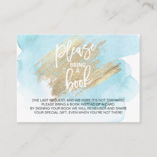 水色の青いターコイズで本を持って来る赤ちゃんシャワー エンクロージャーカード (正面)
