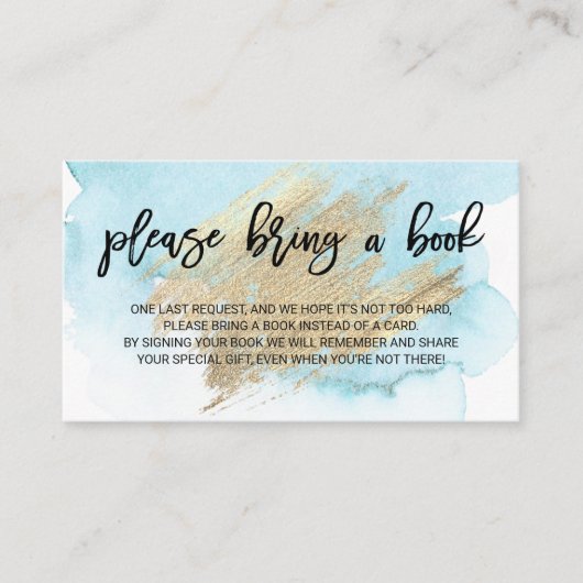 水色の青いターコイズで本を持って来る赤ちゃんシャワー エンクロージャーカード (正面)