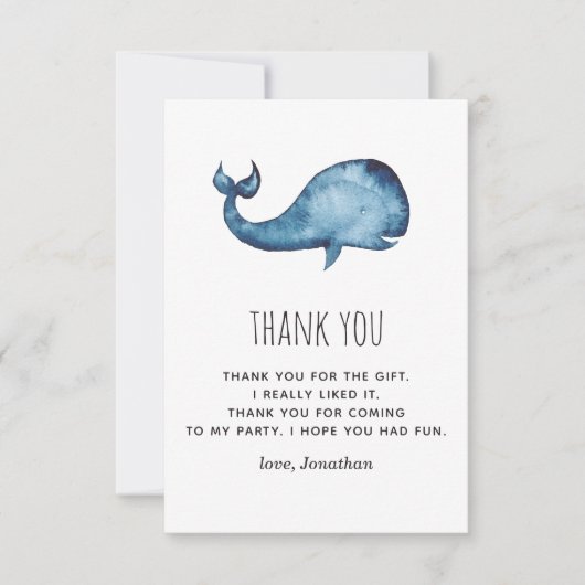 水色の青いネイビーかわいいクジラ。子供の誕生日 サンキューカード (正面)