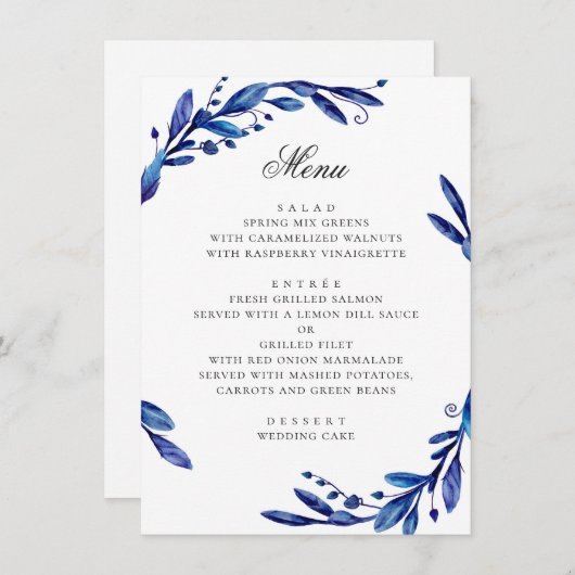 水色の青いネイビーフローラの葉の冬の結婚式 メニュー (正面/裏面)