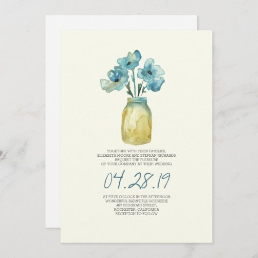 水色の青いフローラメイスンジャー結婚ラッシー 招待状 (正面/裏面)