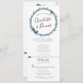 水色の青いフローラリース、rsvpが接続されている 招待状 (正面/裏面)