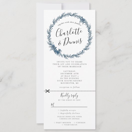 水色の青いフローラリース、rsvpが接続されている 招待状 (正面)