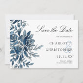 水色の青いフローラ水平保存日付 招待状 (正面)