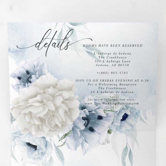 水色の青いフローラ結婚すべて 三つ折り招待状 (内部最初)