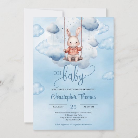 水色の青いベビーバニーが空をスイング中 招待状 (正面)