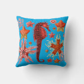 水色の青い海の生活の中で赤いシーホースとシースター クッション (裏面)