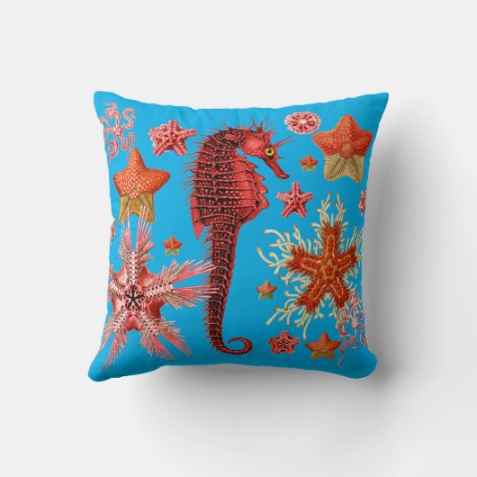 水色の青い海の生活の中で赤いシーホースとシースター クッション (裏面)