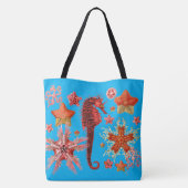 水色の青い海の生活の中で赤いシーホースとシースター トートバッグ (裏面)