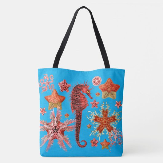 水色の青い海の生活の中で赤いシーホースとシースター トートバッグ (裏面)
