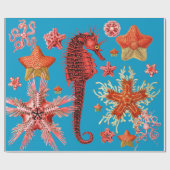 水色の青い海の生活の中で赤いシーホースとシースター ラッピングペーパー (フラット)