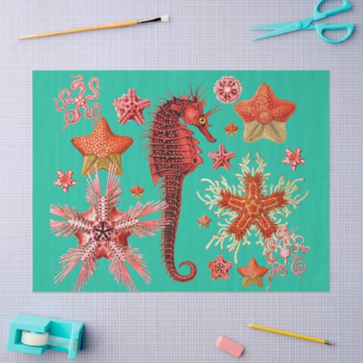 水色の青い海の生活の中で赤いシーホースとシースター 薄葉紙 (クラフト)