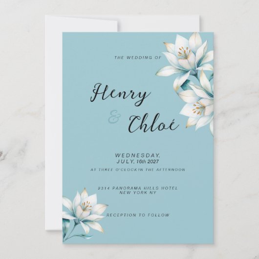 水色の青い白い金ゴールドリリー結婚フローラ 招待状 (正面)