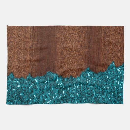 水色の青い素朴な茶色の木 キッチンタオル (横)