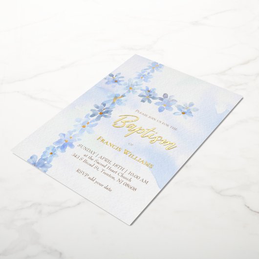 水色の青い花がバプテスマを越える 箔招待状 (回転した状態)