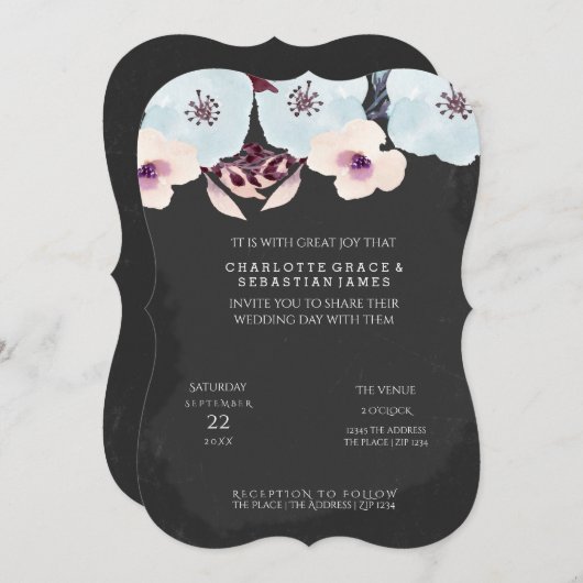 水色の青い花のChalkboard 結婚's 招待状 (正面/裏面)