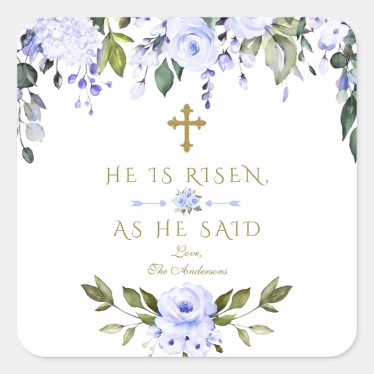 水色の青い花彼は復活金ゴールド復活祭 スクエアシール (正面)