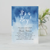 水色の青い赤ちゃんシャワー。少年の金ゴールドだ 箔招待状 (立ち正面)