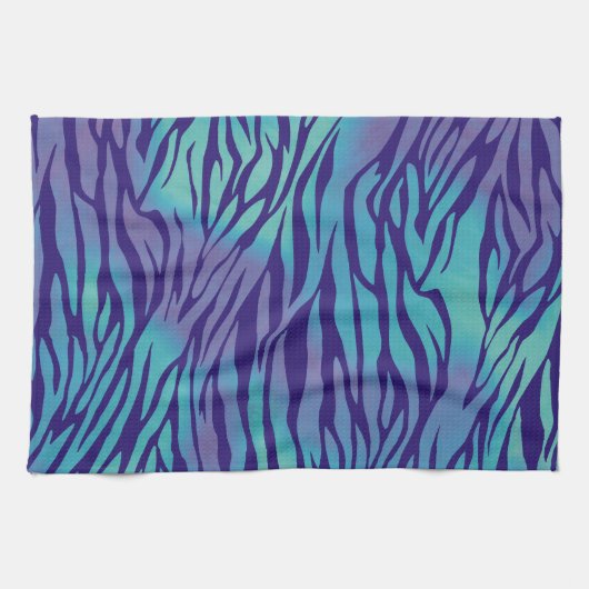 水色の青と紫のゼブラストライプ キッチンタオル (横)