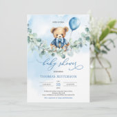 水色の青と茶色のテディベアとバルーン 招待状 (スタンド正面)