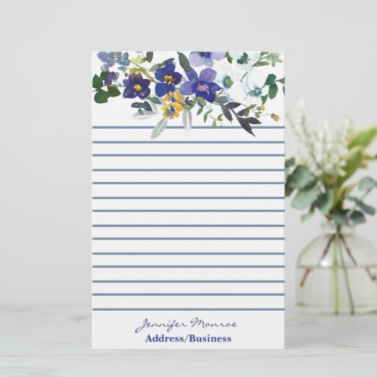 水色の青と黄色の花パーソナライズされた 便箋 (スタンド正面)