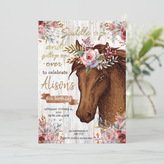 水色の馬の誕生日女性のカーボーイパーティー 招待状 (スタンド正面)