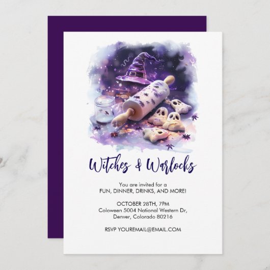 水色の魔女の帽子と転がのピン、ハロウィーン 招待状 (正面/裏面)