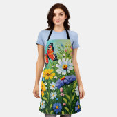 水色の鮮やか春の花パターン エプロン (着用した状態)