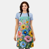 水色の鮮やか春の花パターン エプロン (着用した状態)