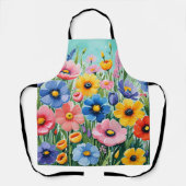 水色の鮮やか春の花パターン エプロン (正面)