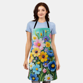 水色の鮮やか春の花パターン エプロン
