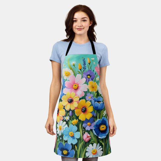 水色の鮮やか春の花パターン エプロン (着用した状態)