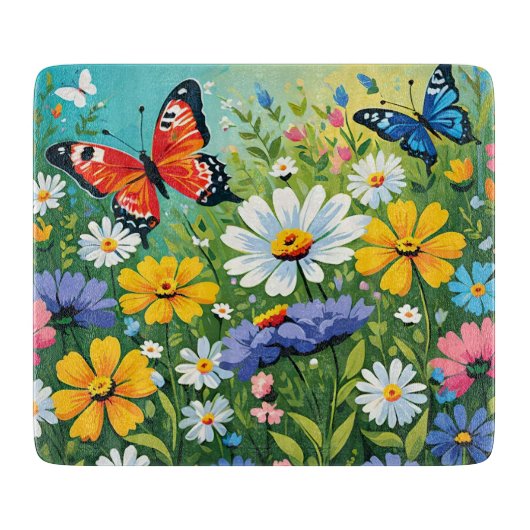 水色の鮮やか春の花パターン カッティングボード (正面)