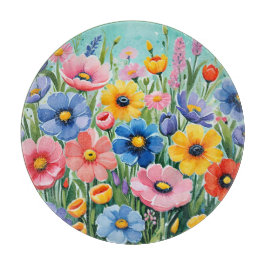 水色の鮮やか春の花パターン カッティングボード